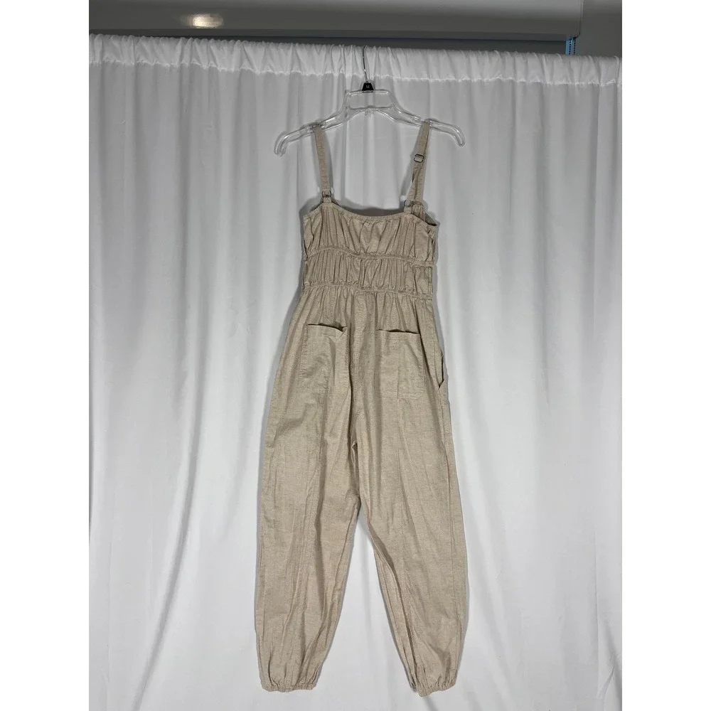 So Me Linen Blend Jumpsuit M Oatmeal Boho Cottagecore Adjustable Straps Pockets
